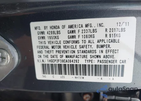 2012 Honda Accord 2.4 Lx из США, поврежденный, VIN 1HGCP2F38CA064292
